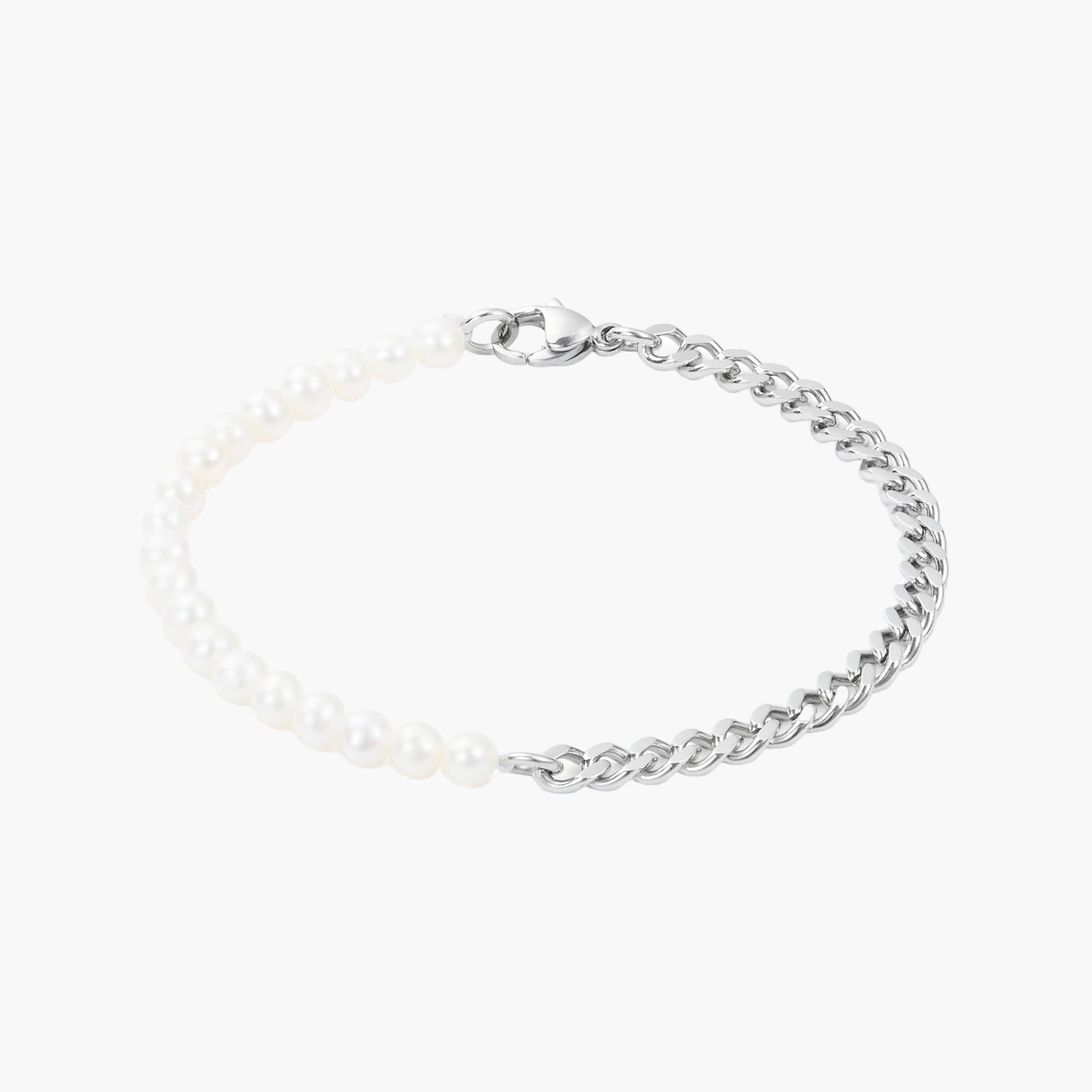 Half Pearl & Half Cuban Bracelet 4MM - Silver