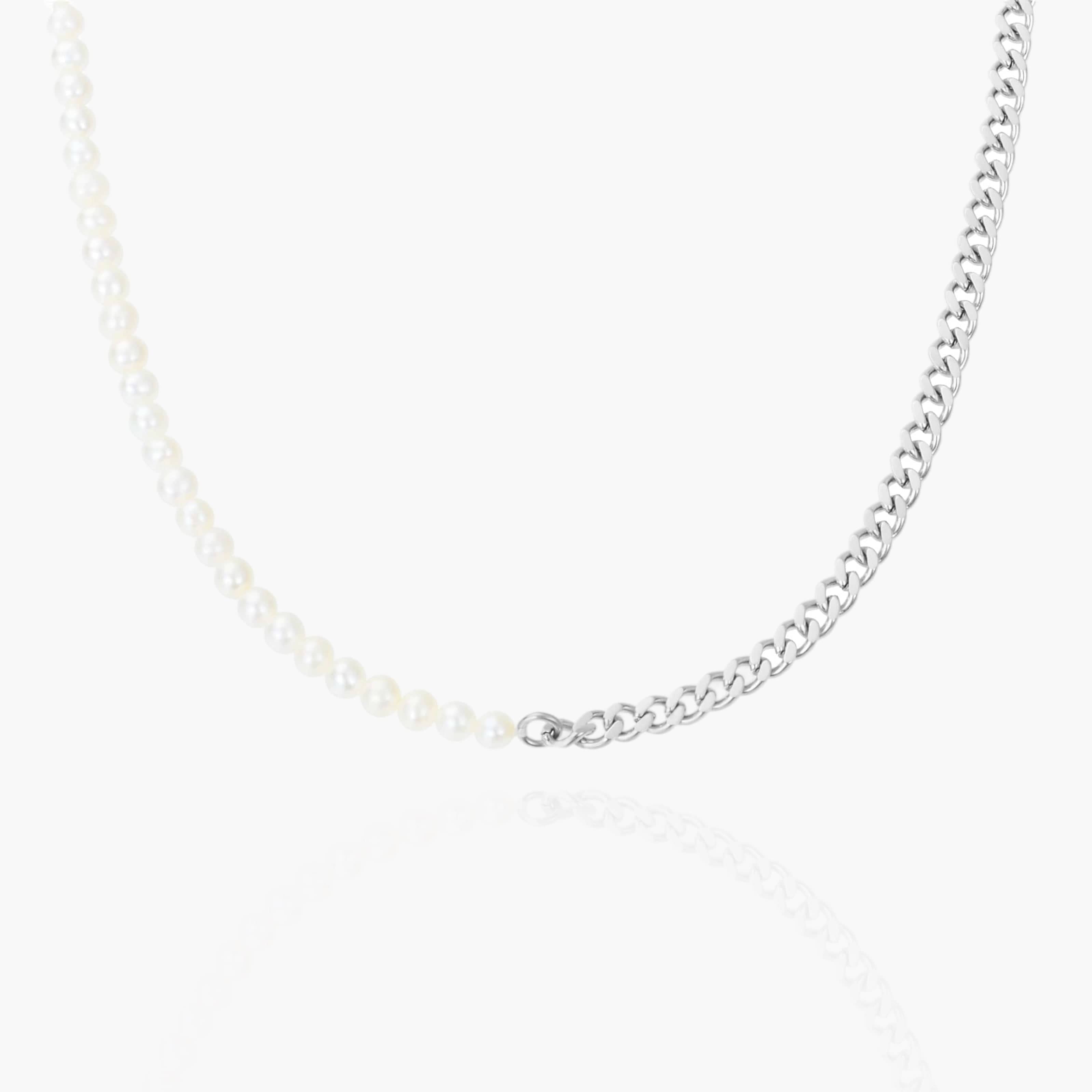 Half Pearl & Half Cuban Chain 4MM - Silver