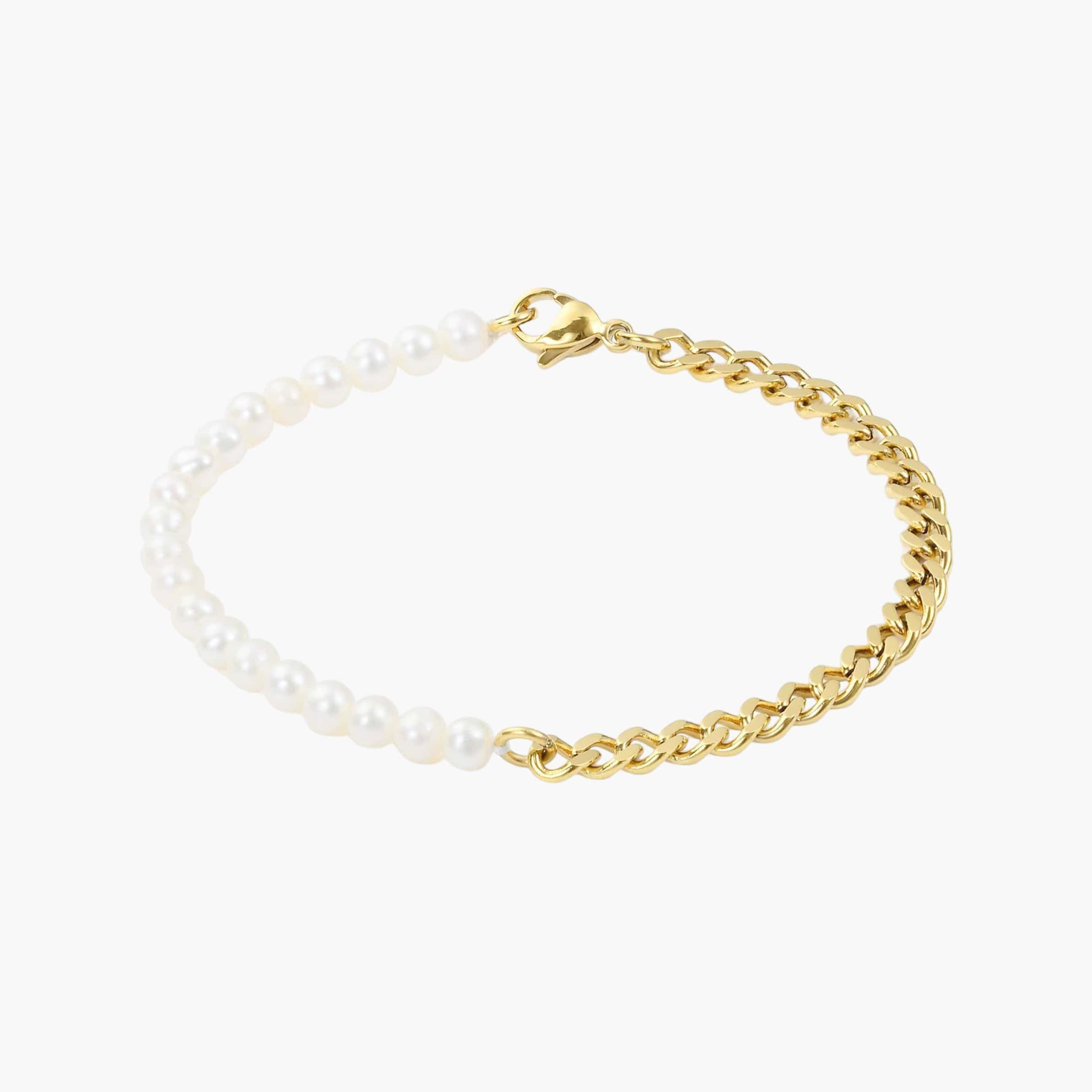 Half Pearl & Half Cuban Bracelet 4MM - Gold