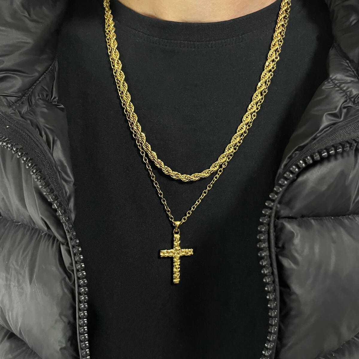 Bricked Cross + 5MM Rope Chain (Gold)