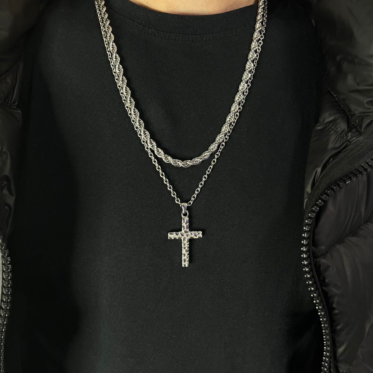 Bricked Cross + 5MM Rope Chain (Silver)