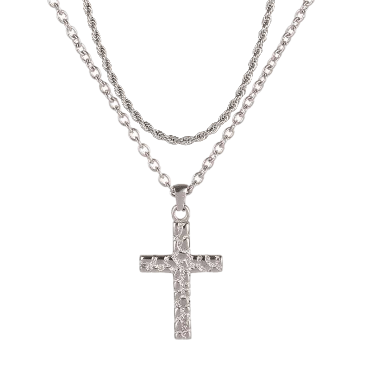 Bricked Cross + 5MM Rope Chain (Silver)