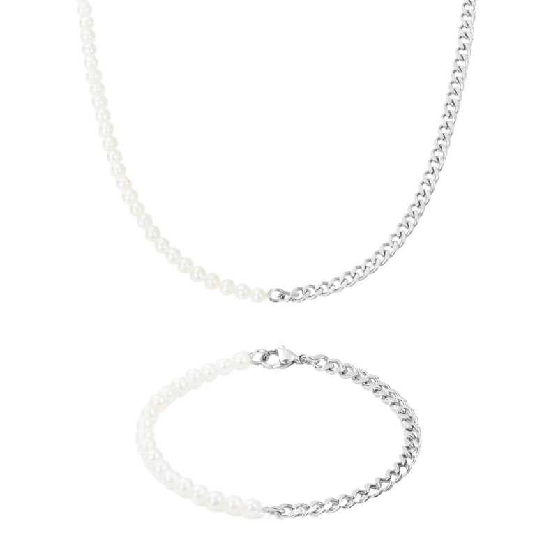 Half Cuban & Half Pearls Bundle 4MM - Silver