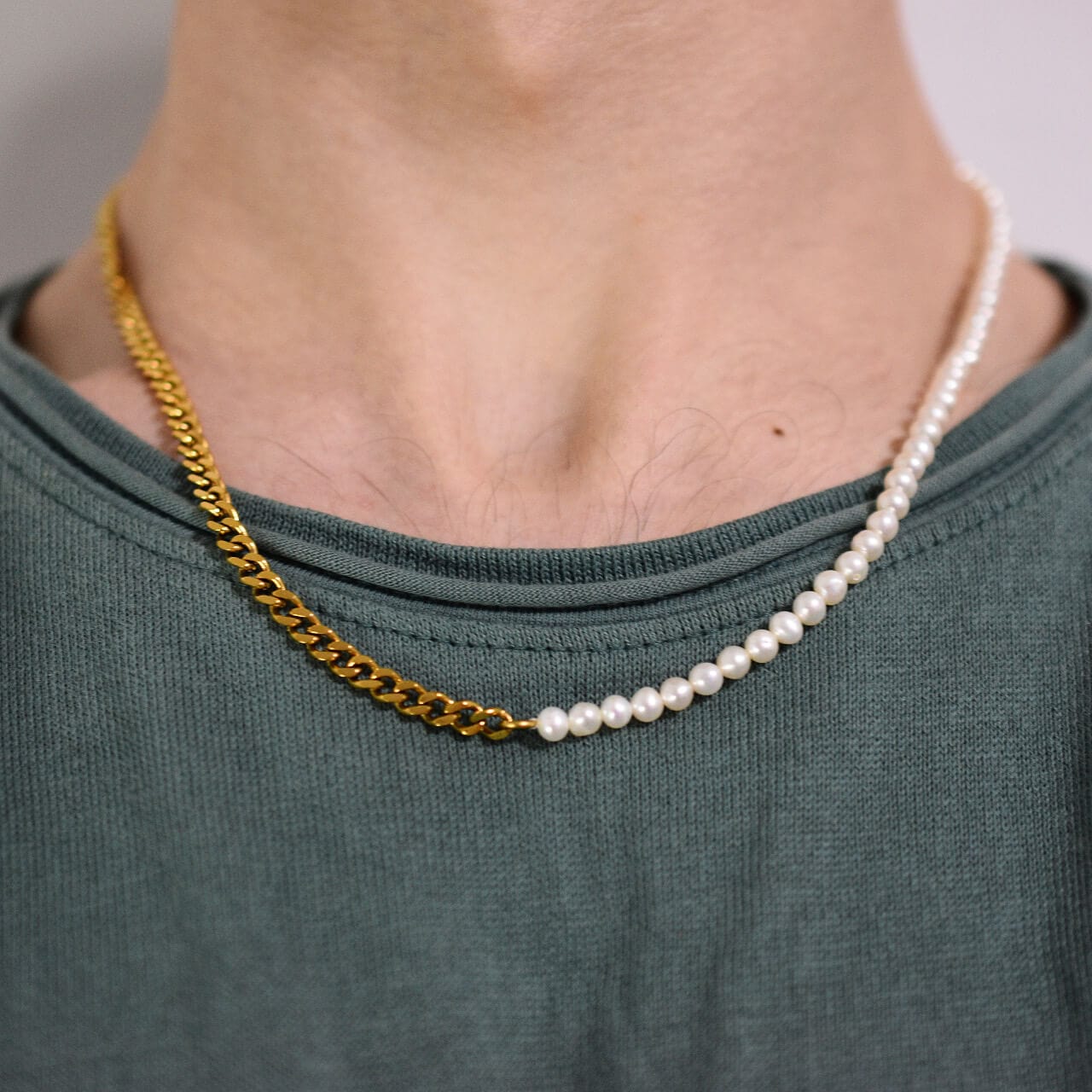 Half Pearl & Half Cuban Chain 4MM - Gold